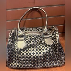 Elegant Metallic Satchel with Perforated Design